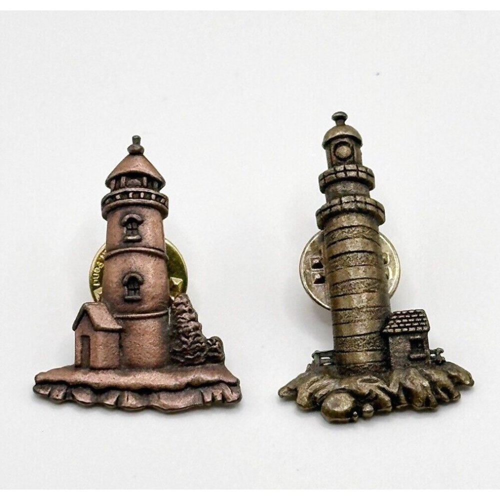 Vintage Signed JJ Jonette Set of 2 Lighthouse Tack‎ Pins Brooch Light House